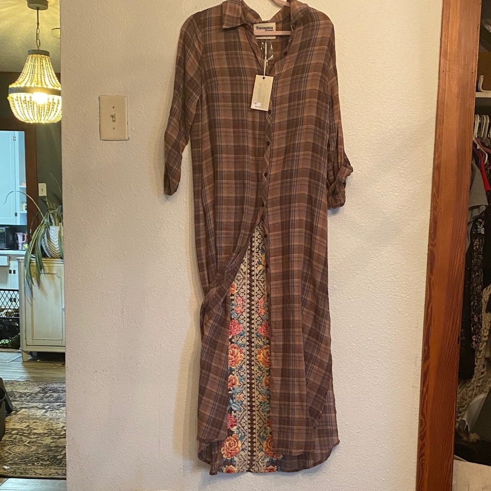 Savanna Jane Brown Plaid Button-Down Maxi Shirt Duster